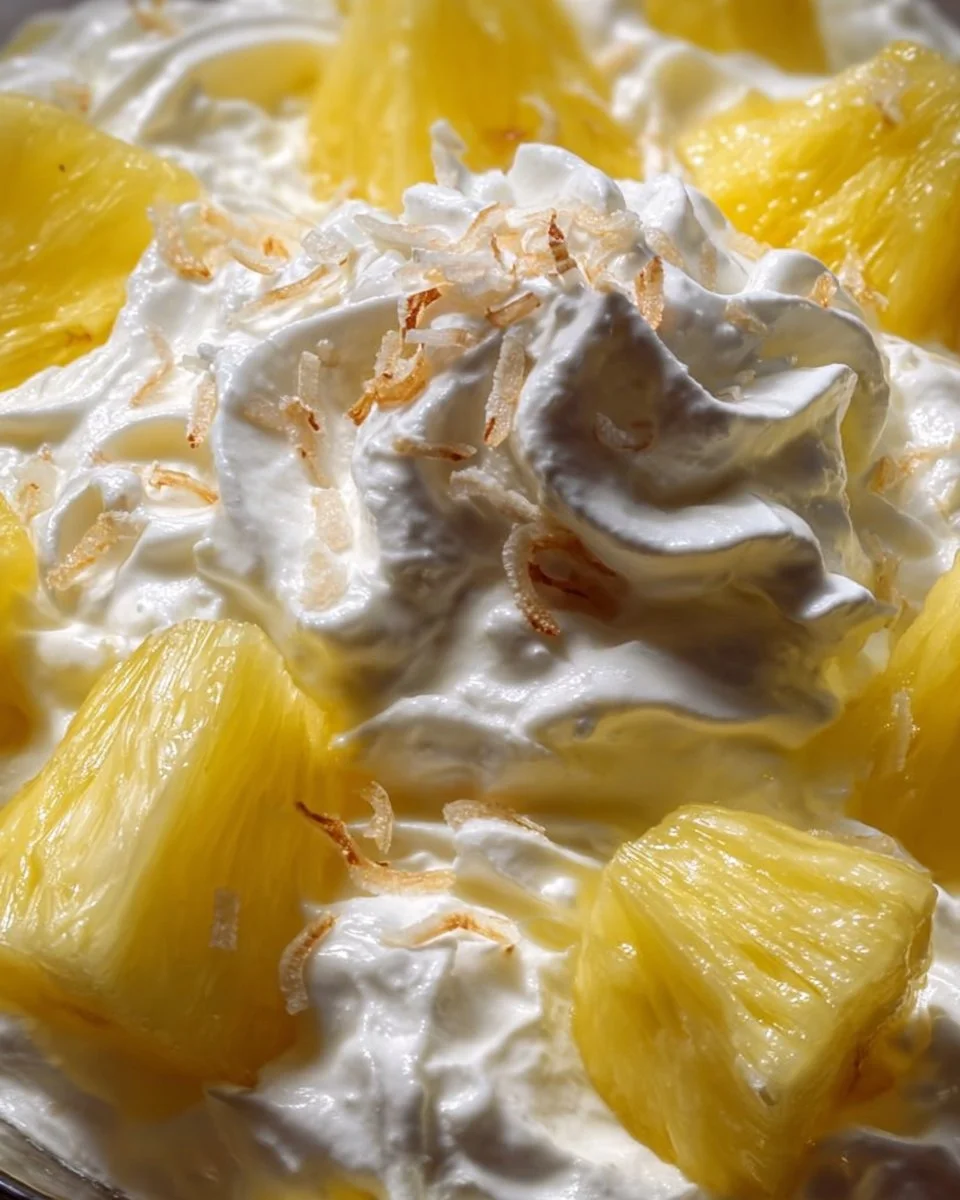 Creamy Pineapple Fluff dessert made with Cool Whip and fresh pineapple.