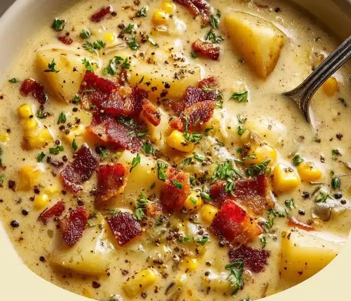 Bowl of creamy corn chowder soup topped with fresh herbs