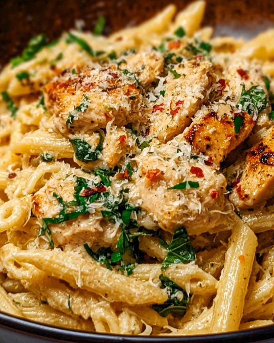 Creamy garlic parmesan chicken pasta with chicken and herbs in a bowl.