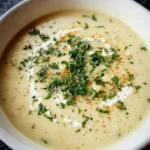 Bowl of creamy herb potato soup garnished with fresh herbs
