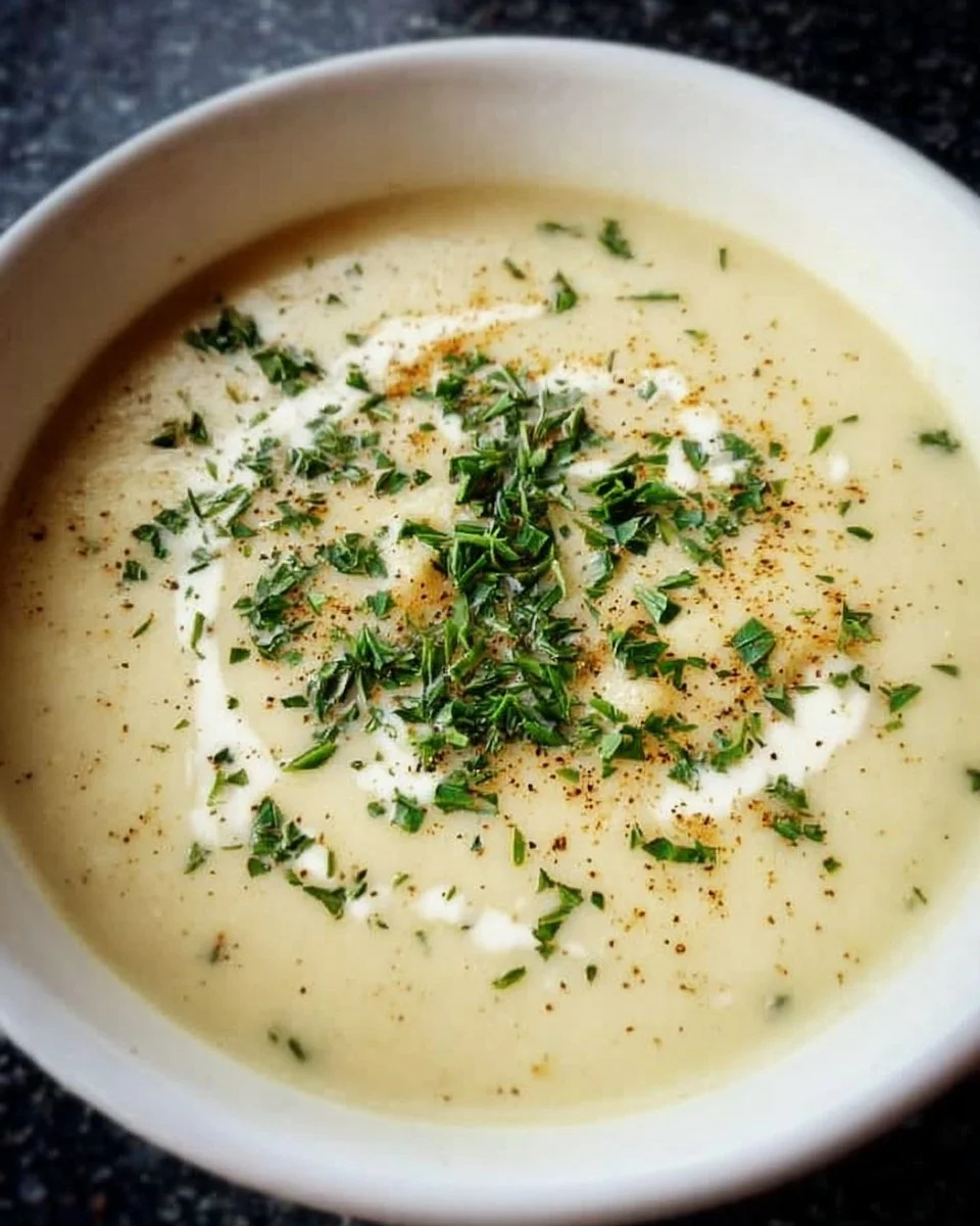 Bowl of creamy herb potato soup garnished with fresh herbs