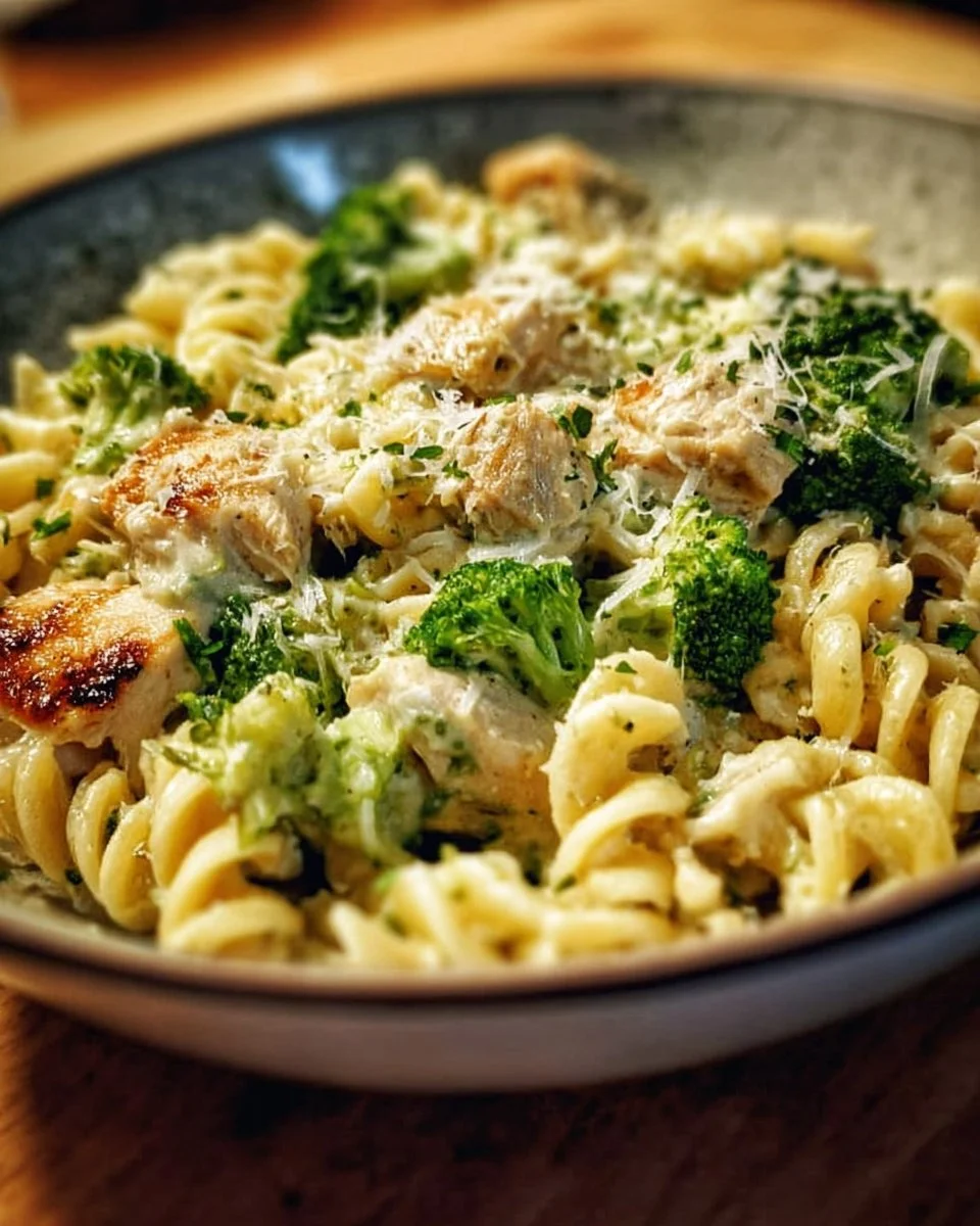 Creamy rotisserie chicken broccoli pasta in a bowl with fresh ingredients