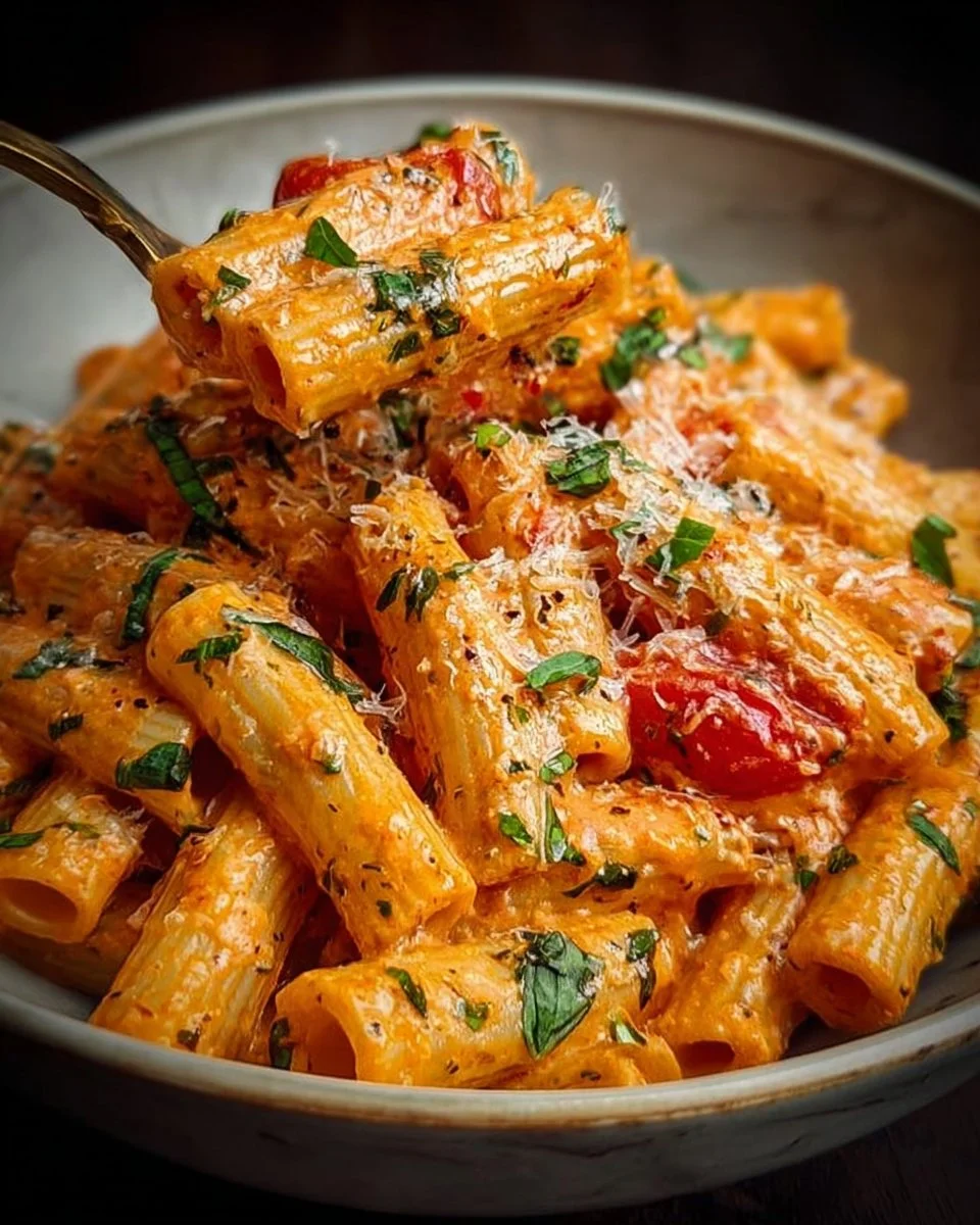 Creamy tomato garlic pasta with herbs and cheese in a bowl