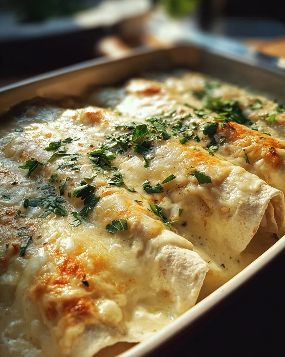 Delicious creamy white chicken enchiladas served with toppings
