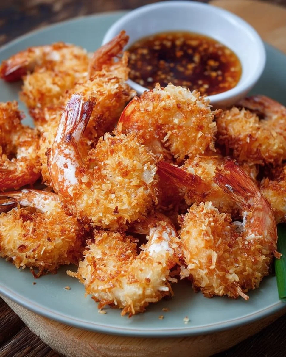 Plate of crispy baked coconut shrimp served with dipping sauce