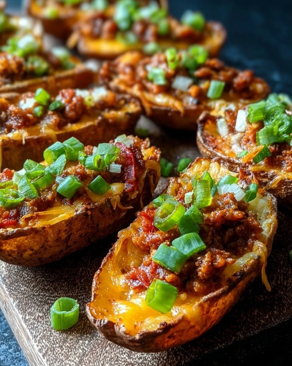 Crispy chili loaded potato skins topped with cheese and jalapeños
