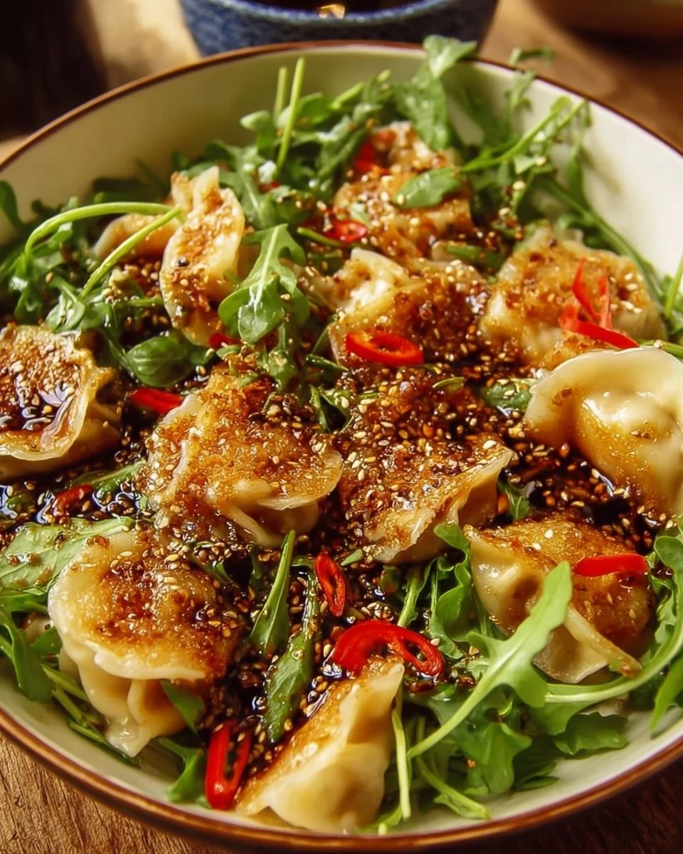 Crispy dumpling salad with fresh vegetables and dipping sauce