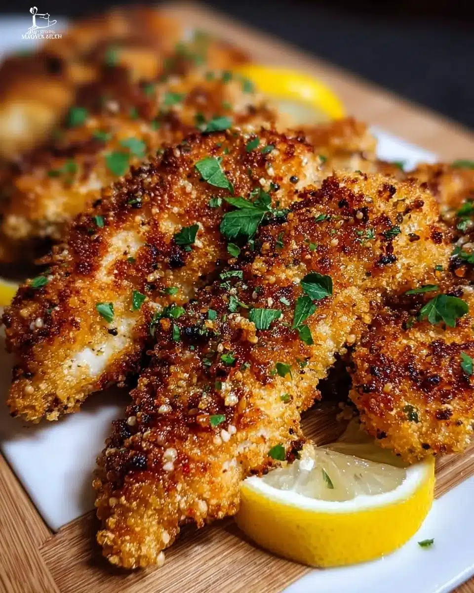 Crispy Lemon Parmesan Chicken Tenders on a plate garnished with lemon slices