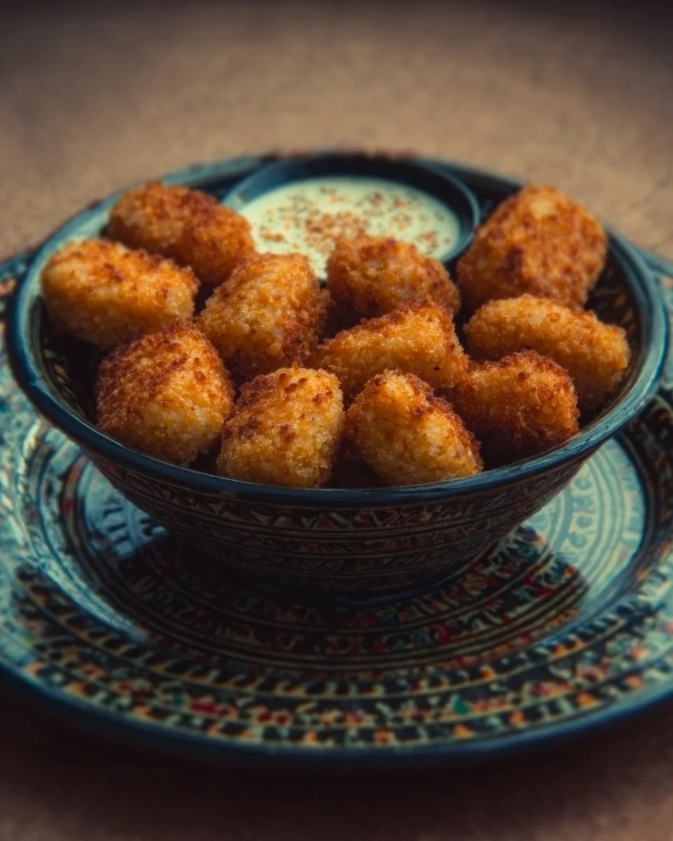Plate of crispy sago nuggets with a golden brown exterior