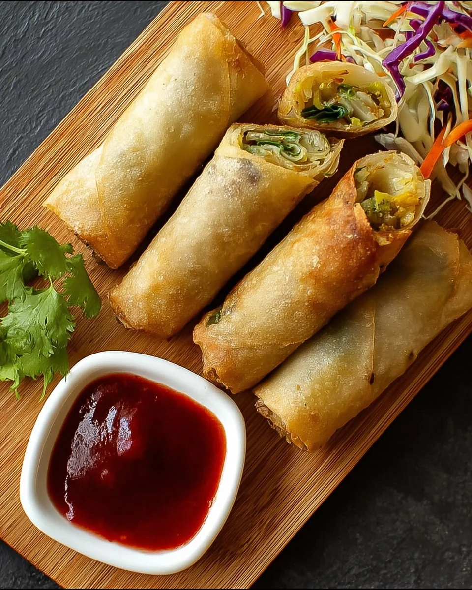 Plate of crispy veggie spring rolls with dipping sauce