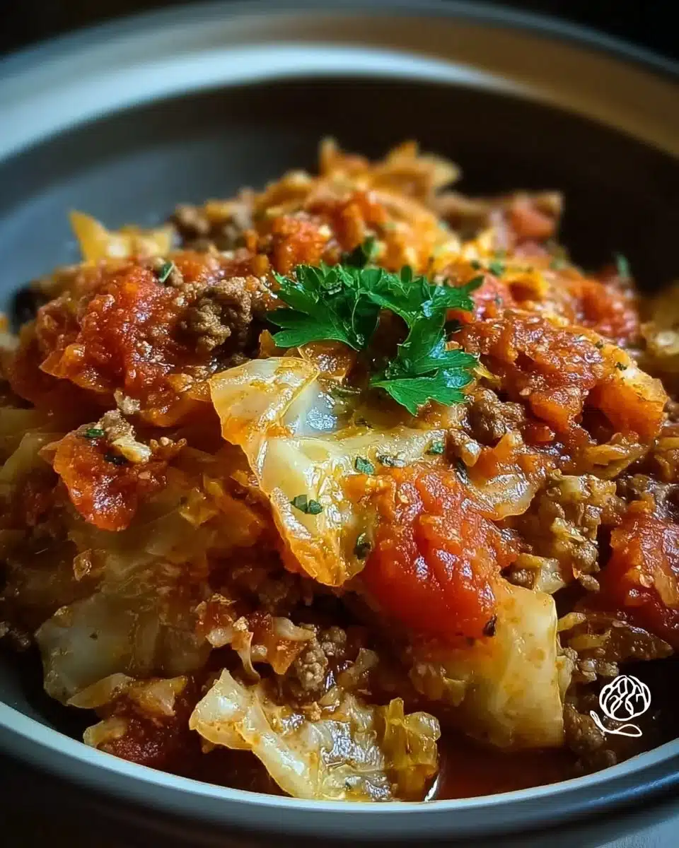 Crockpot cabbage roll casserole with layers of cabbage, meat, and rice