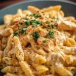 Delicious Crockpot chicken pasta dish served in a bowl with fresh herbs