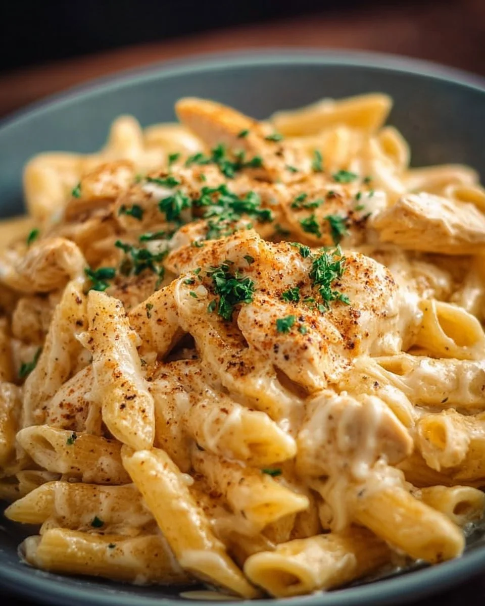 Delicious Crockpot chicken pasta dish served in a bowl with fresh herbs