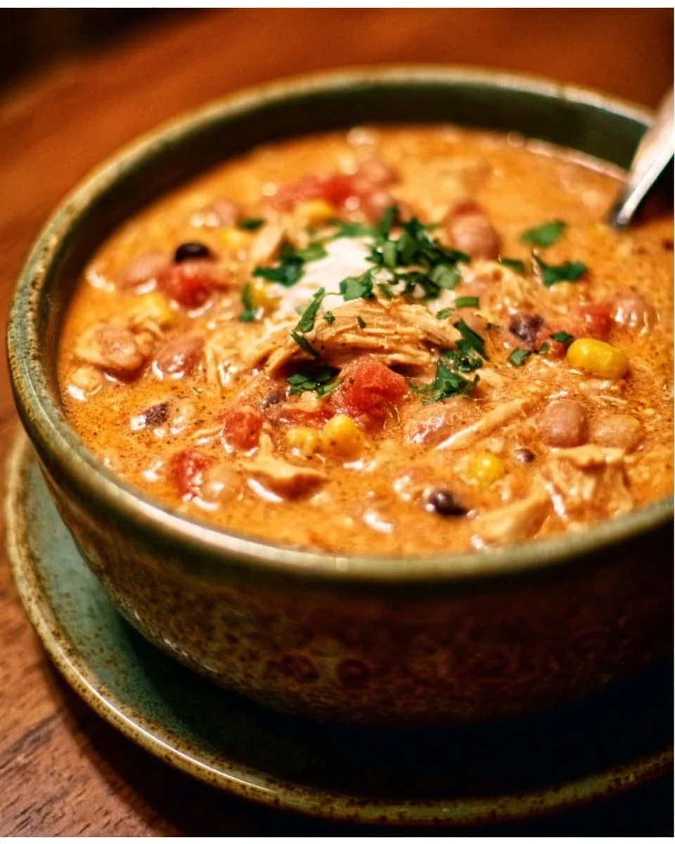 Bowl of creamy crockpot cream cheese chicken chili with toppings