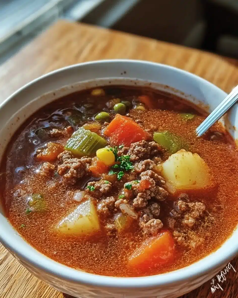 Bowl of delicious crockpot hamburger soup with vegetables and ground beef