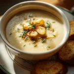 Bowl of Crockpot Roasted Garlic Potato Soup garnished with herbs