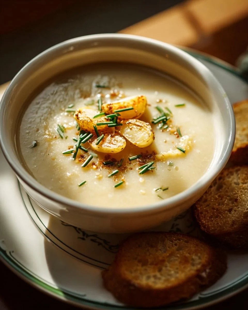 Bowl of Crockpot Roasted Garlic Potato Soup garnished with herbs