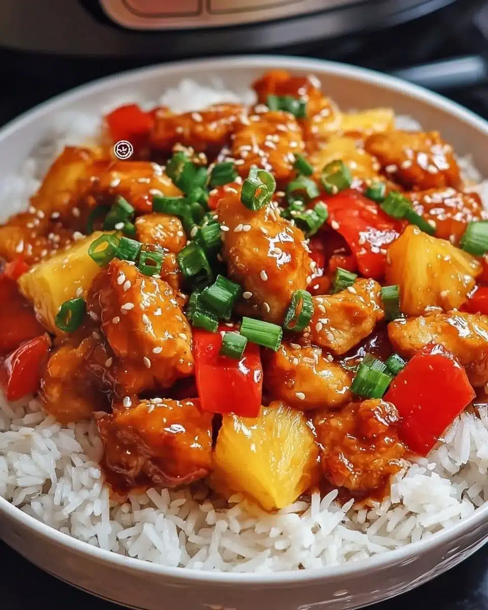 Delicious Crockpot Sweet and Sour Chicken served with rice and vegetables.