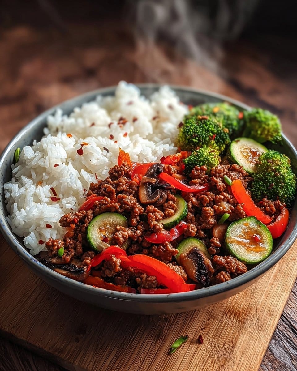 Spicy Ground Beef Stir-Fry Bowl with Garlic Veggies & Steamy Rice