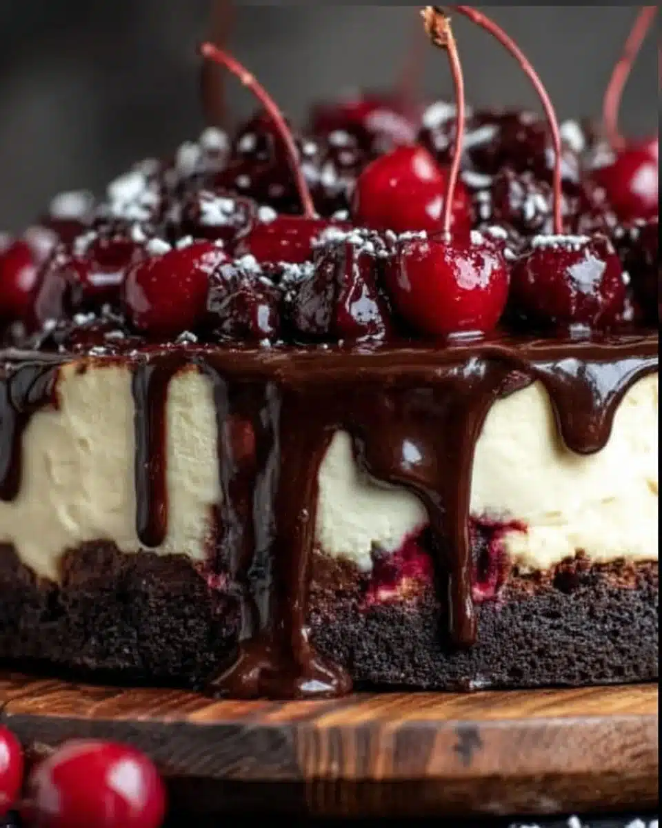 Decadent Black Forest Cheesecake with cherries and chocolate layers