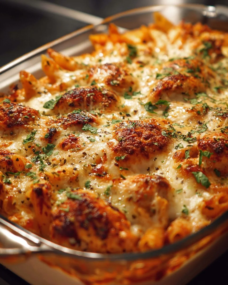 Delicious Dump and Bake Chicken Parmesan Casserole topped with cheese and herbs.