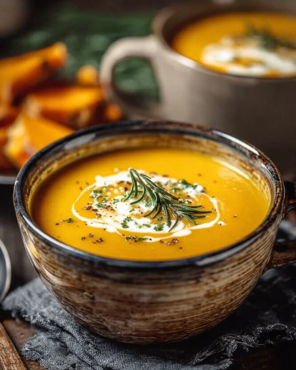 Bowl of easy butternut squash soup garnished with herbs.
