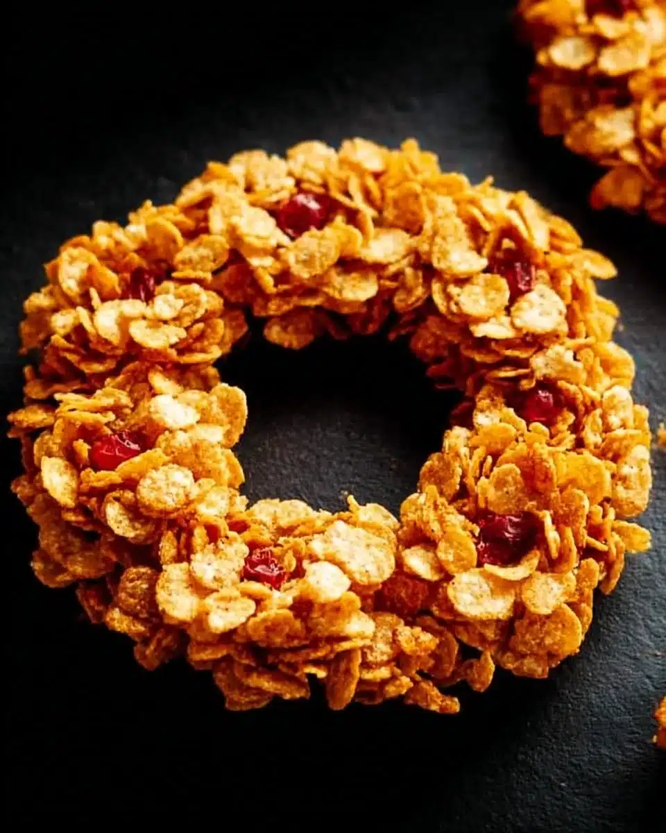 Easy cornflake wreath decorated for the holidays
