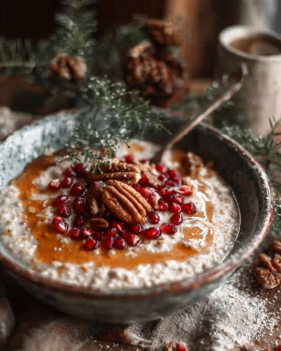 Bowl of easy festive oatmeal topped with seasonal fruits and nuts