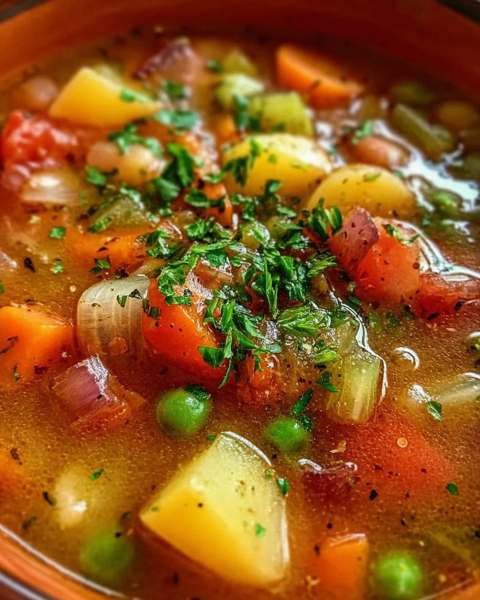 Bowl of easy harvest soup with seasonal vegetables and herbs