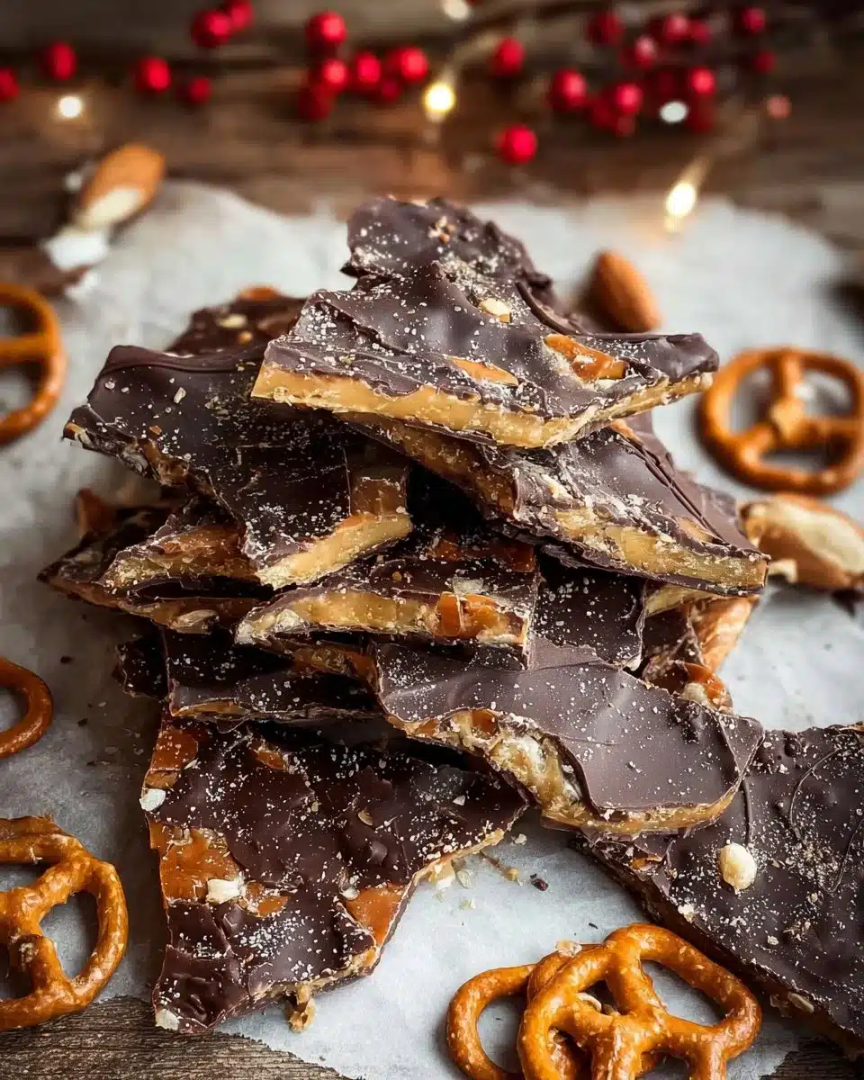 Homemade Christmas crack on a festive plate for holiday enjoyment