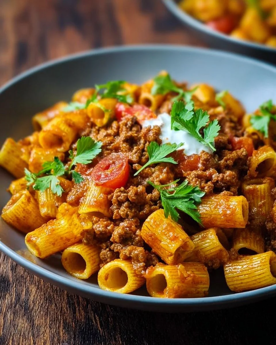 Delicious plate of easy Mexican pasta garnished with fresh ingredients.
