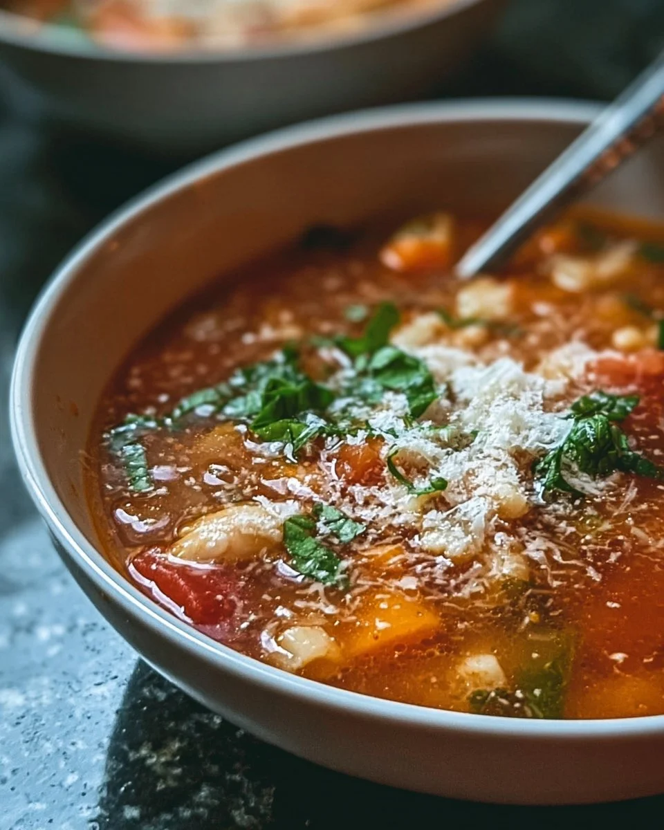 Bowl of easy minestrone soup with vegetables and beans