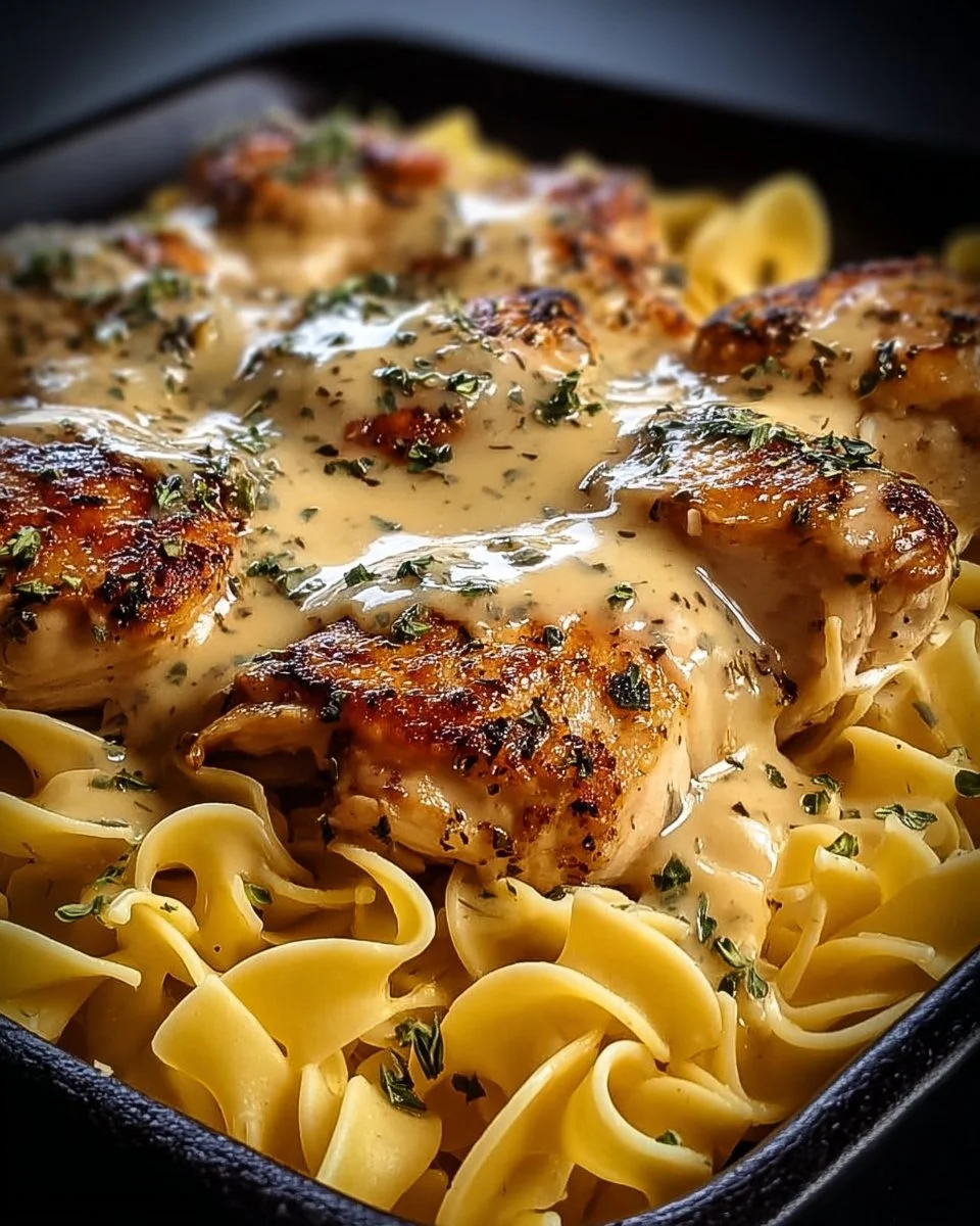Easy one-pan chicken with buttered noodles served on a plate.