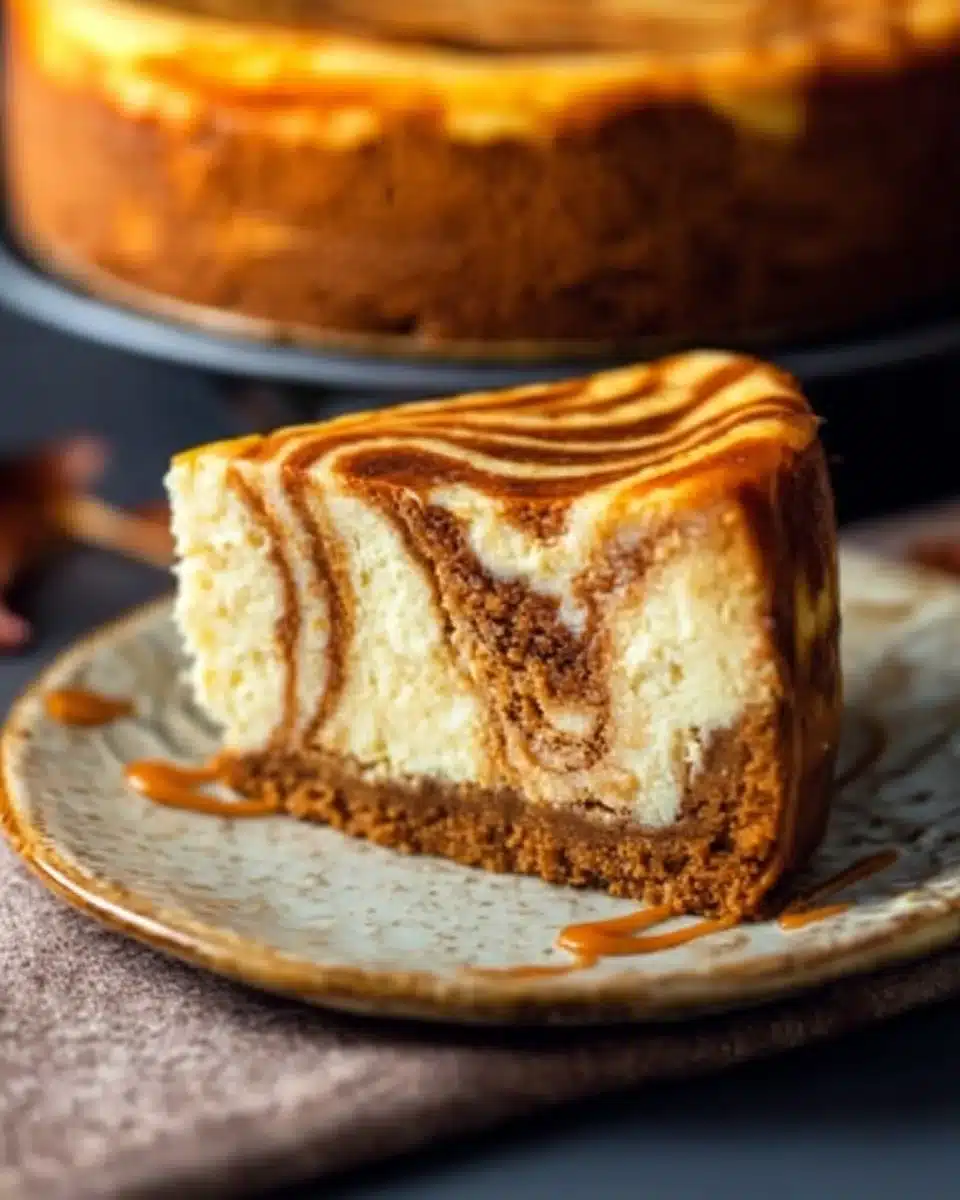 Slice of easy pumpkin swirl cheesecake topped with whipped cream and cinnamon
