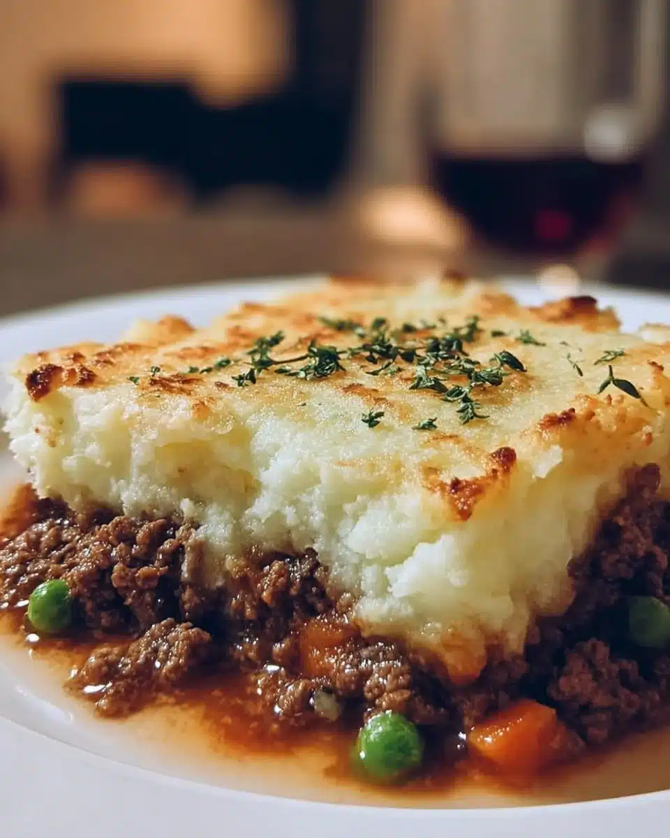 A delicious easy Shepherd's Pie topped with golden mashed potatoes and savory beef.