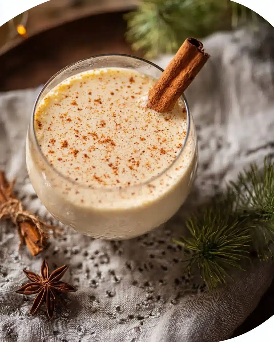 A festive glass of creamy eggnog topped with nutmeg and a cinnamon stick.