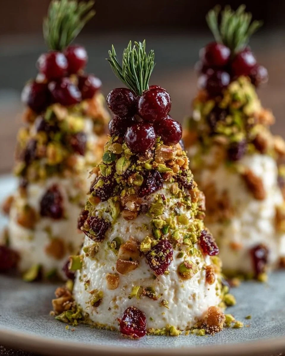 Festive pistachio-cranberry holiday cheese trees decorated for a festive gathering