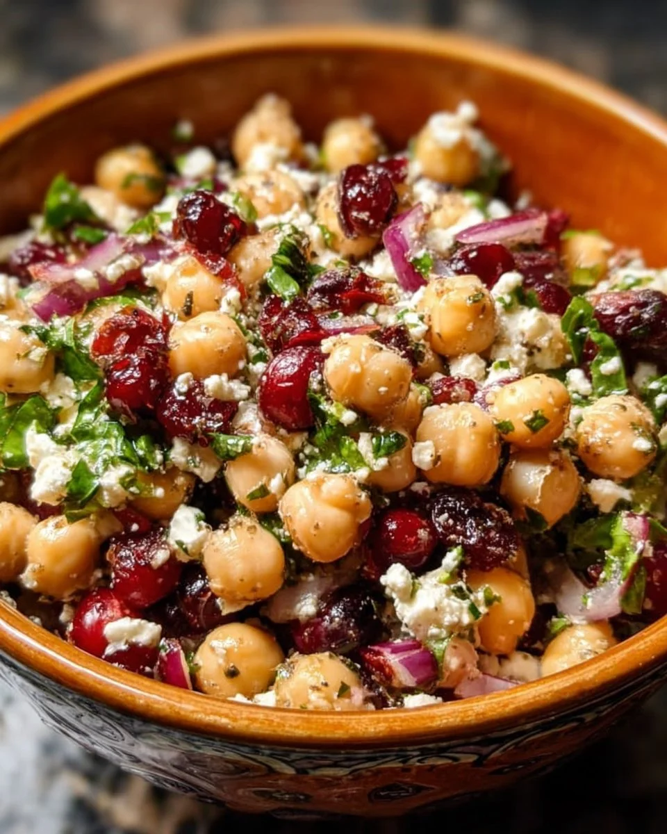 Feta and Cranberry Chickpea Salad with fresh ingredients in a bowl