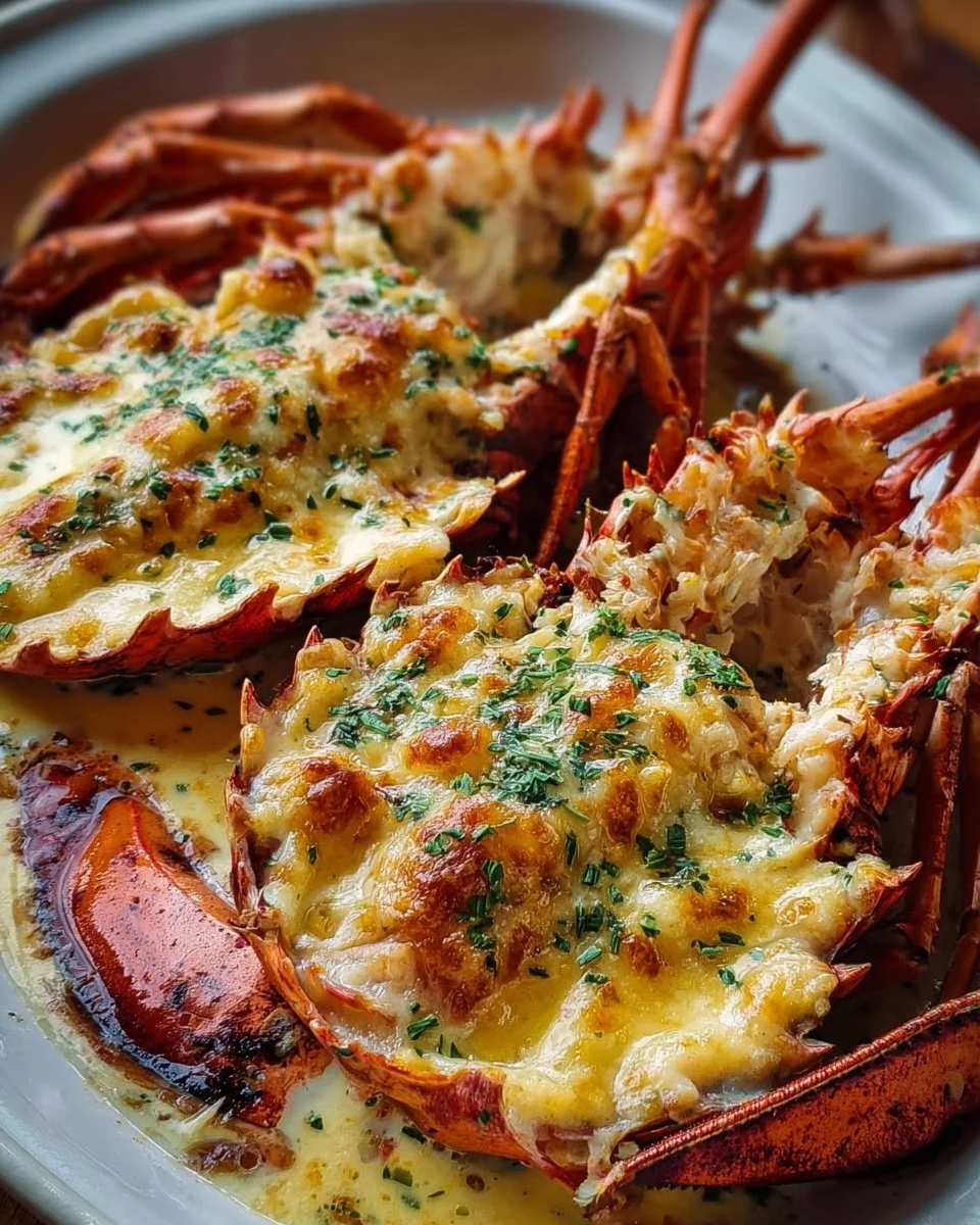 Delicious French Lobster Thermidor Cream dish with lobster and creamy sauce.
