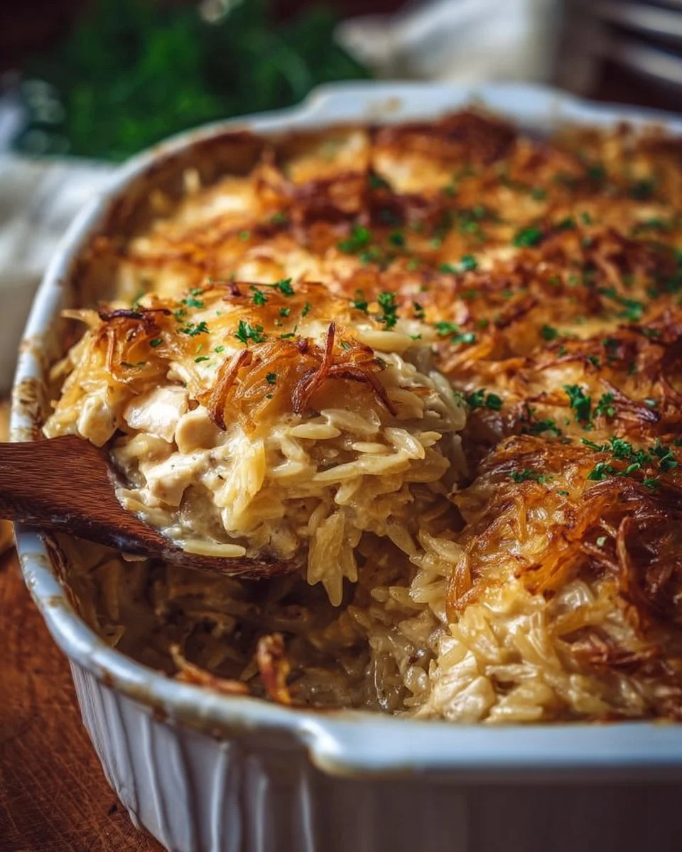Creamy French Onion Chicken Orzo Casserole topped with cheese and herbs