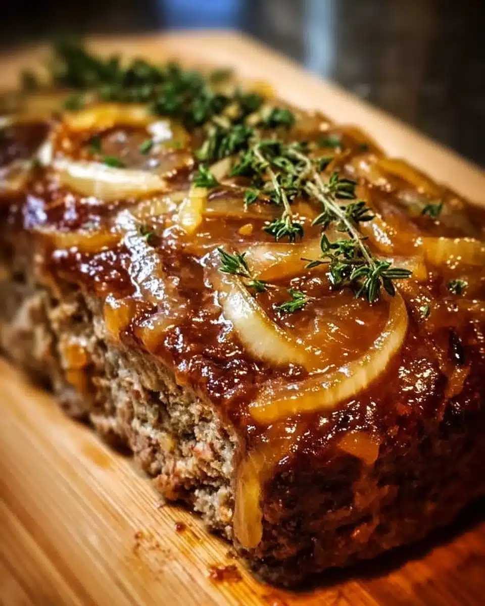 Delicious French Onion Meatloaf topped with melted cheese and caramelized onions.