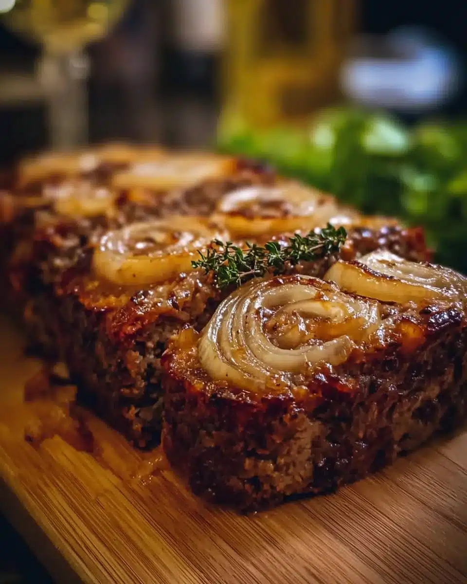 Delicious French onion meatloaf served with caramelized onions and gravy