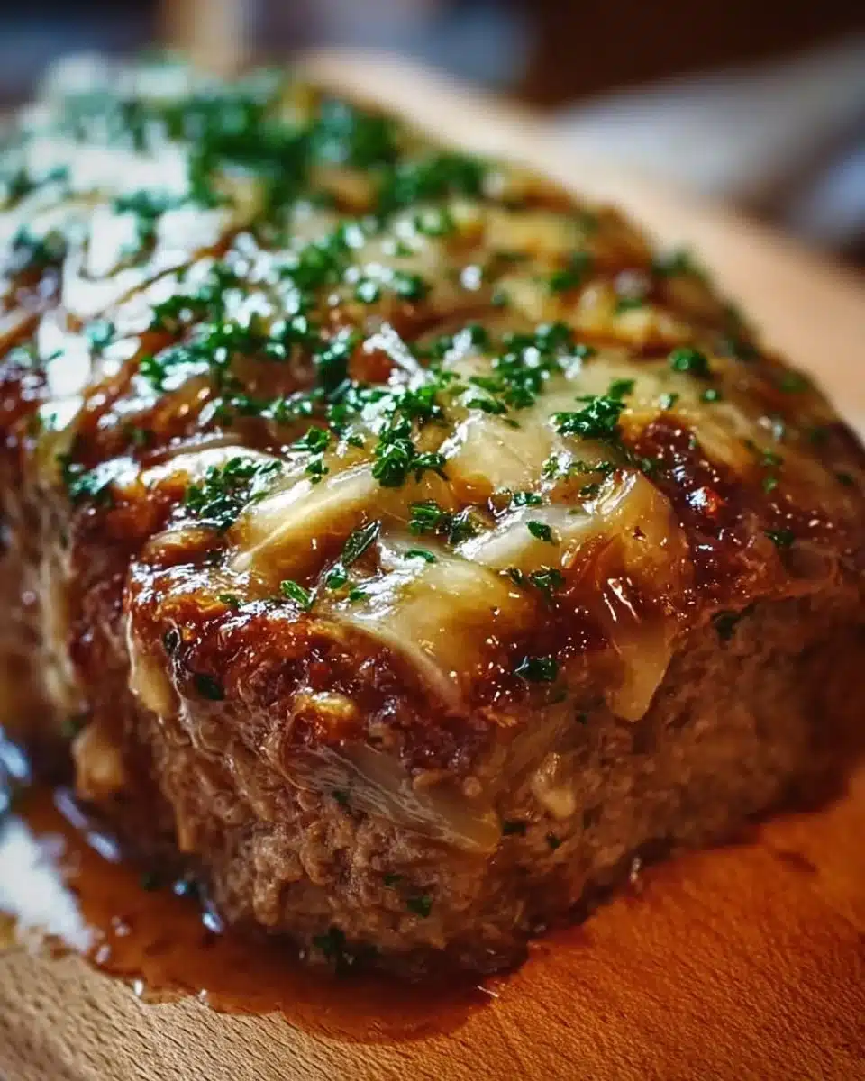 Delicious French Onion Meatloaf served with caramelized onions and cheese.