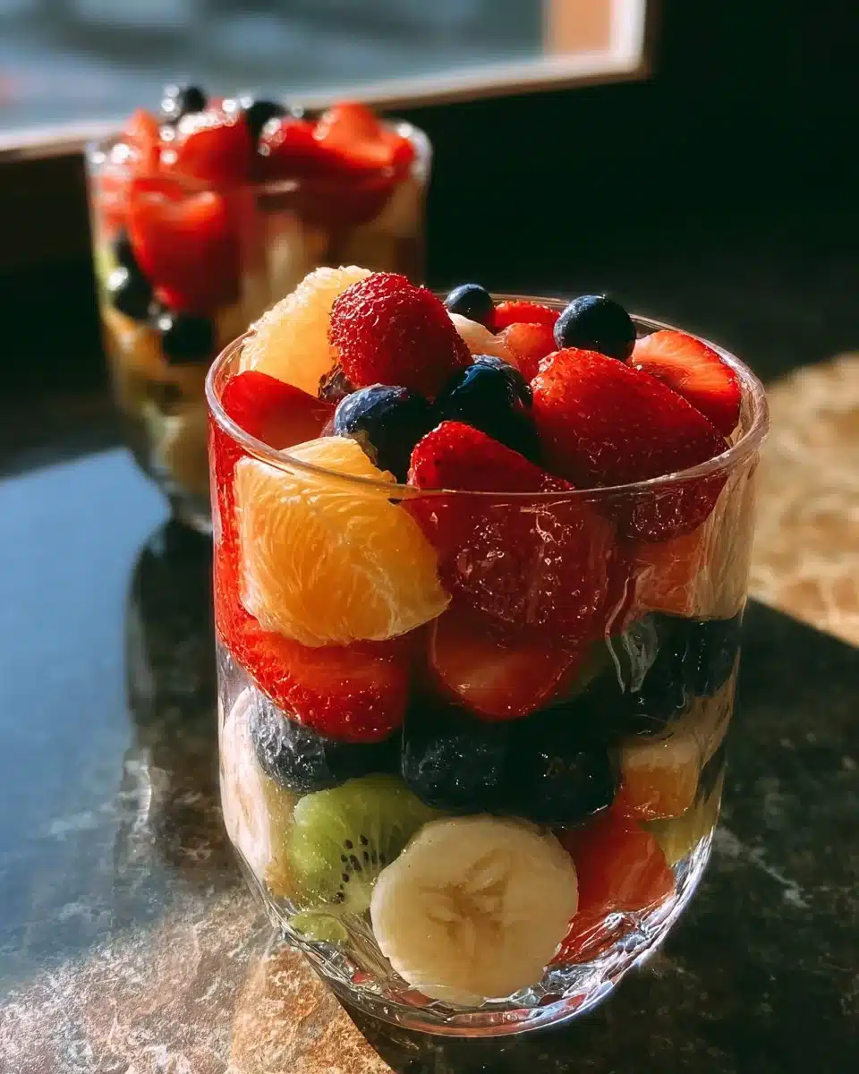 Colorful fresh fruit cup with assorted seasonal fruits served in a bowl