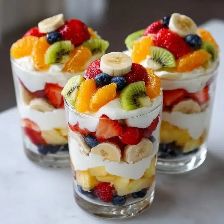 Fresh fruit yogurt parfait cups filled with layers of yogurt and seasonal fruits