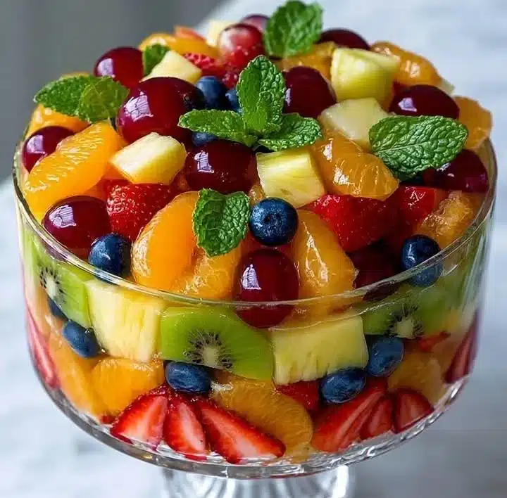 Delicious and colorful fresh mixed fruit salad with various fruits.