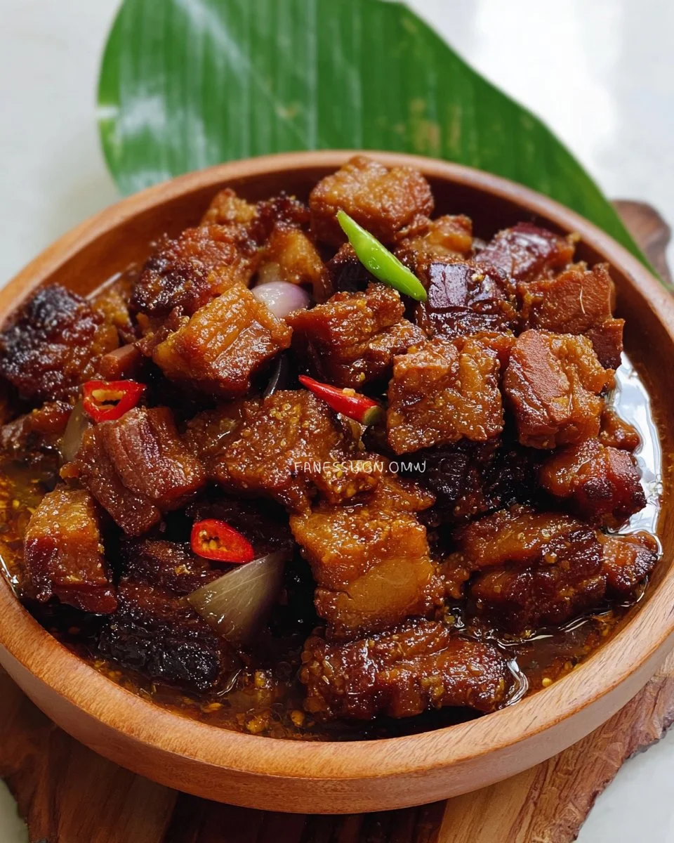 Fried pork in shrimp paste on a plate garnished with fresh herbs
