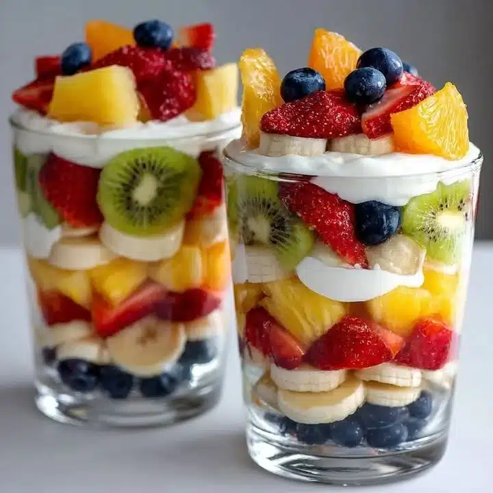 A colorful fruit yogurt parfait cup with layers of yogurt and fresh fruits.