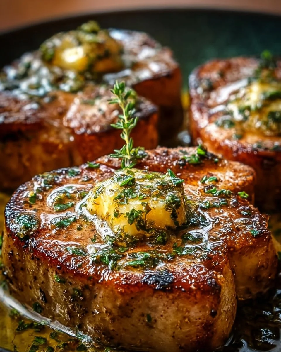 Garlic butter pan-seared pork chops served with herbs and seasonings