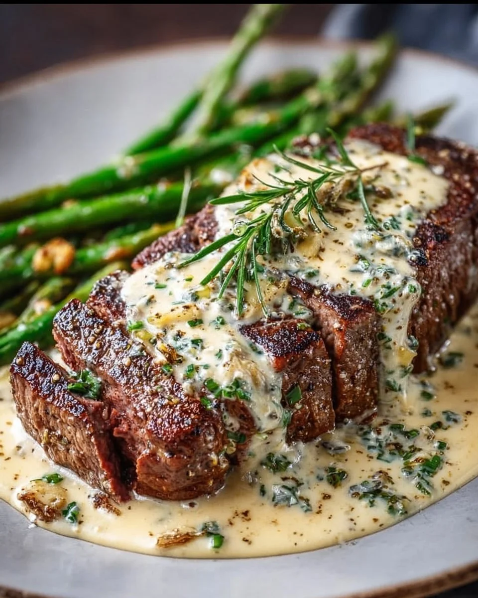 Garlic Butter Steak drizzled with Parmesan Cream Sauce on a plate